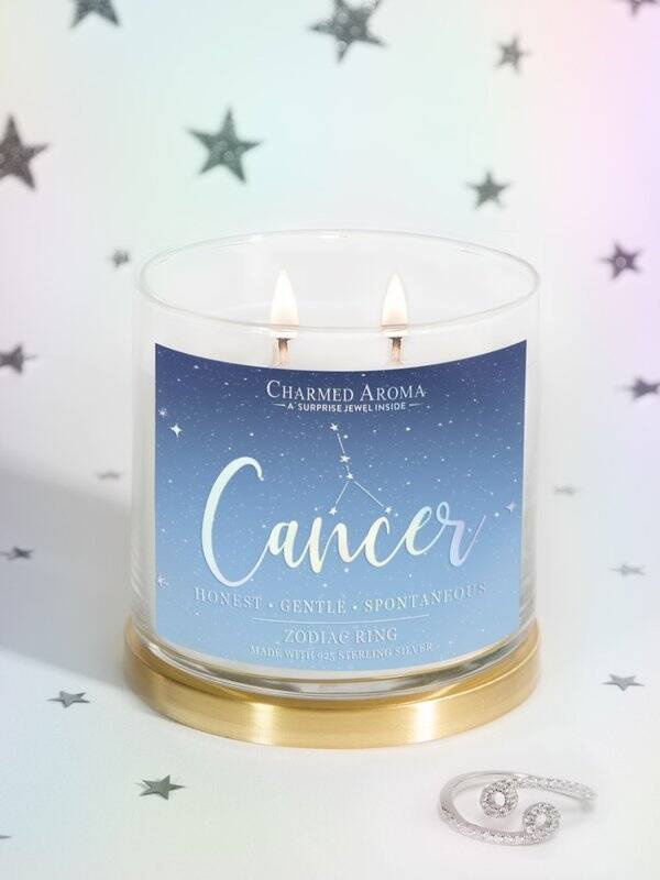 Charmed Aroma bijou bougie parfumée au soja avec anneau en argent 12 oz 340 g - Signe du zodiaque Cancer